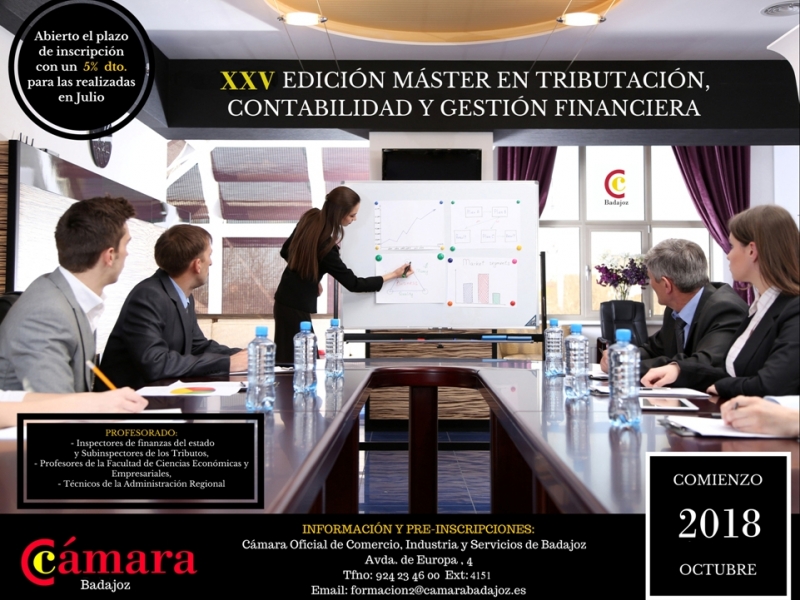 En  octubre comienza la XXV edición del Máster en Tributación, Contabilidad y Gestión Financiera de la Cámara de Comercio de Badajoz 
