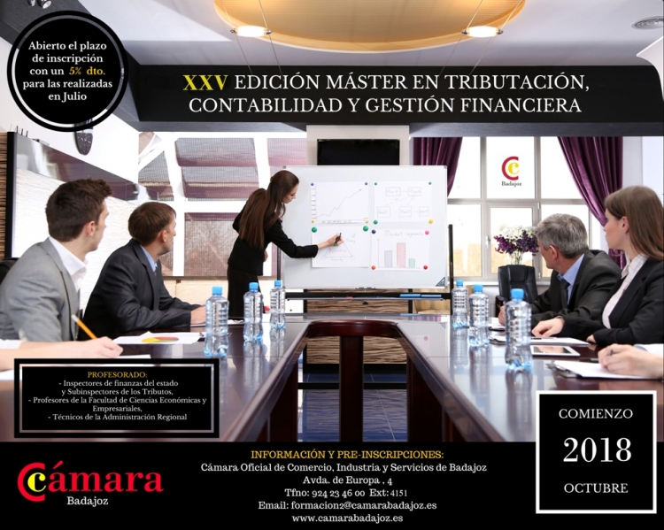 En  octubre comienza la XXV edición del Máster en Tributación, Contabilidad y Gestión Financiera de la Cámara de Comercio de Badajoz 