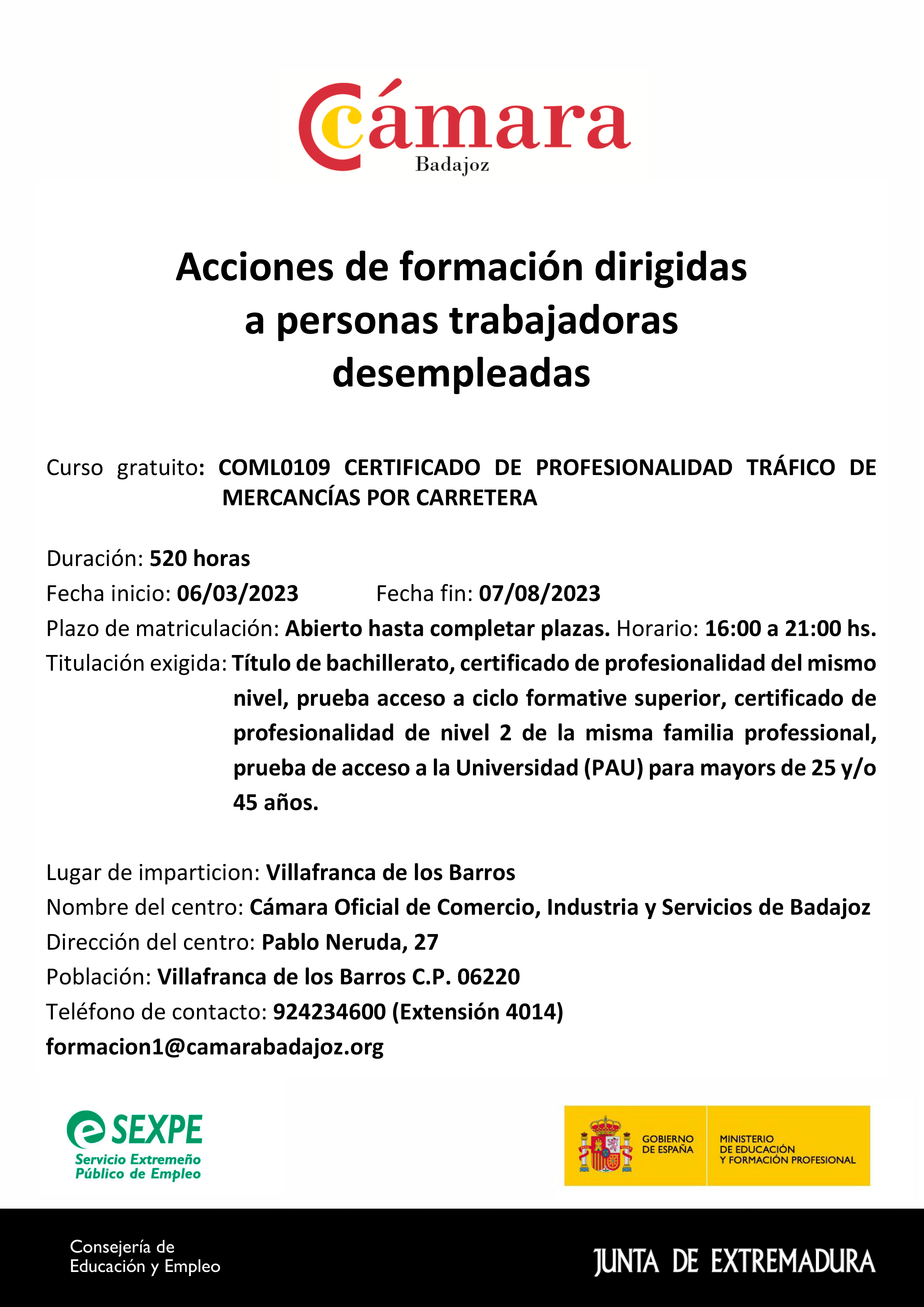 CONVOCATORIA DESEMPLEADOS (COML0109)  TRÁFICO DE MERCANCIAS POR CARRETERAS - CERRADO