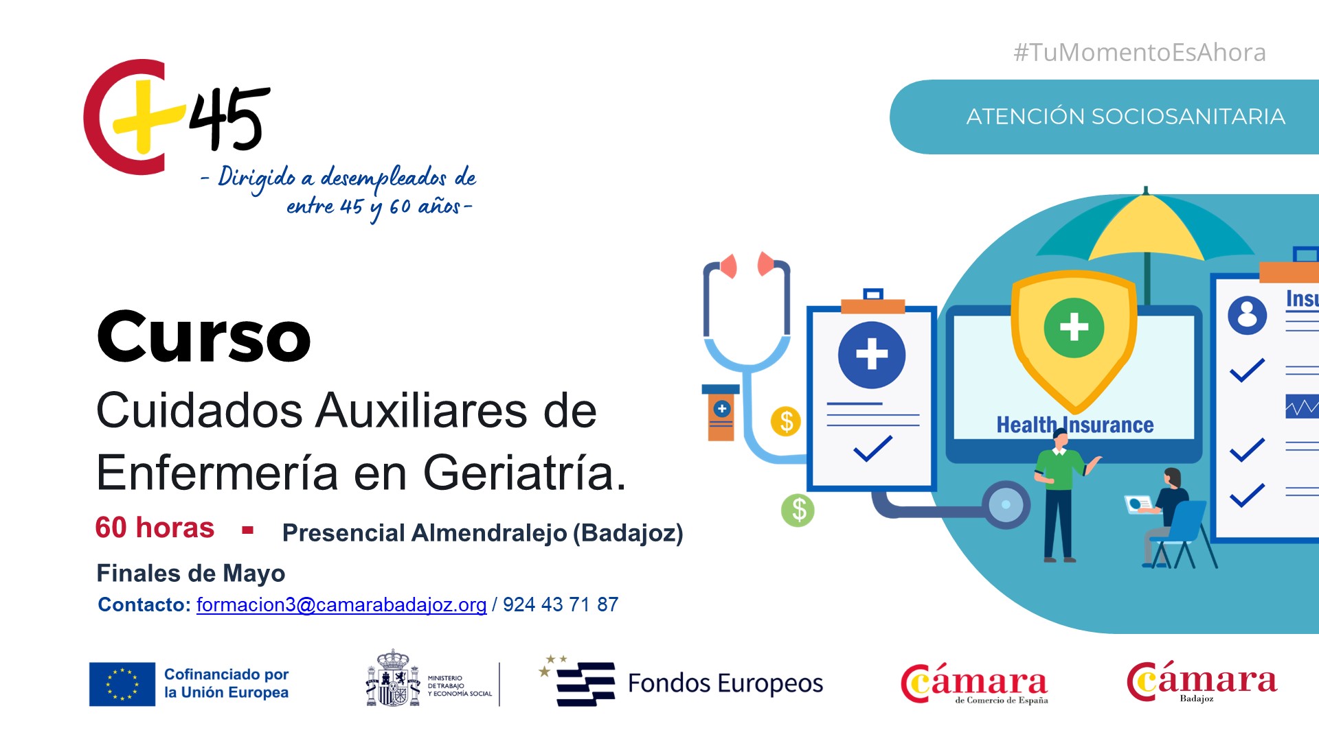 CURSO 45+: Cuidados Auxiliares de Enfermería en Geriatría (Almendralejo)